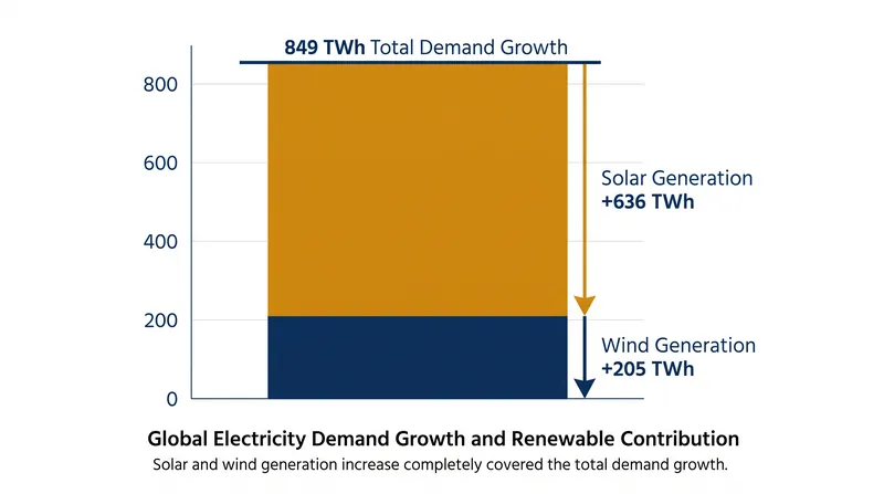 Solar and wind power combined to meet 99% of the net increase in global electricity demand.