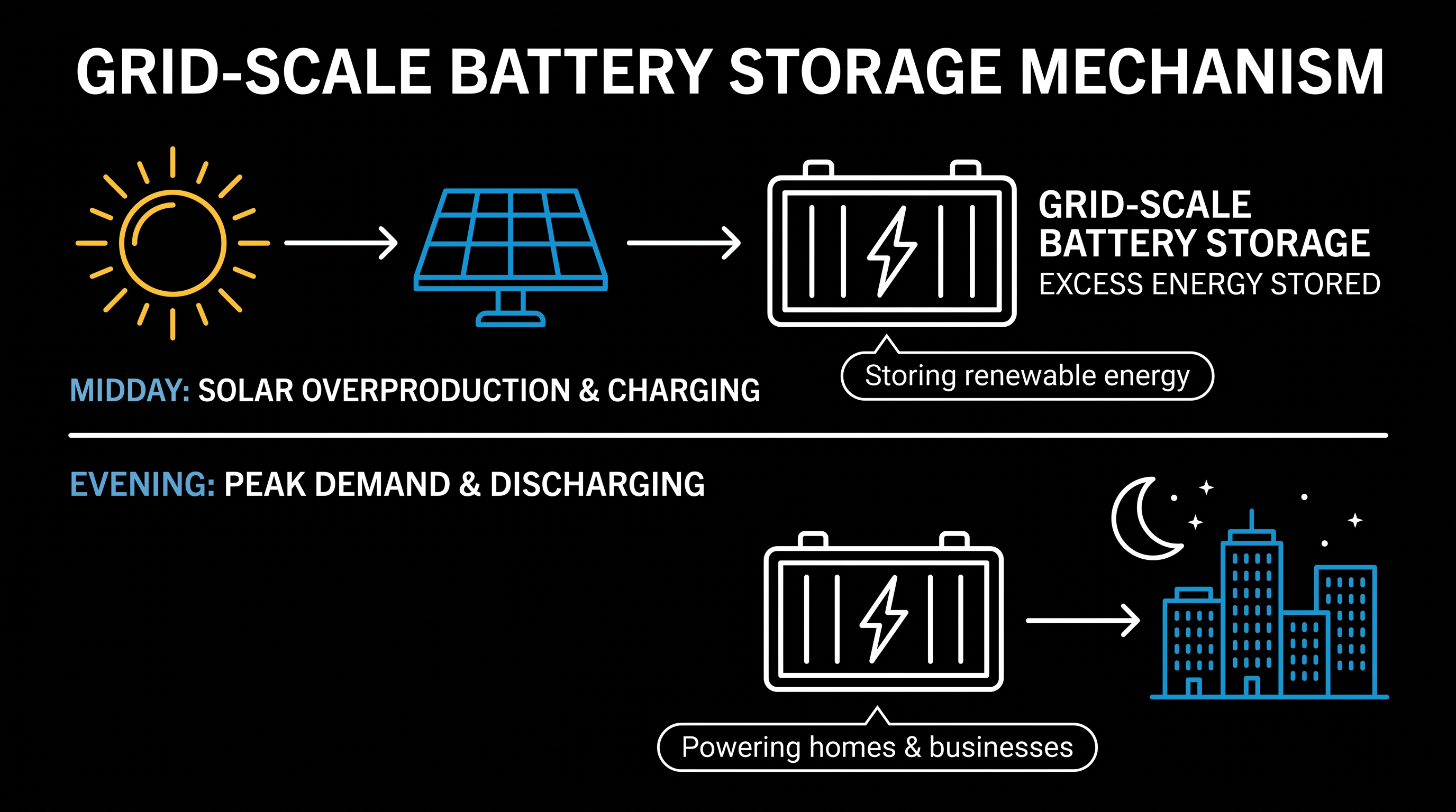 Grid-scale battery storage is essential for shifting midday solar overproduction to meet evening peak demand.