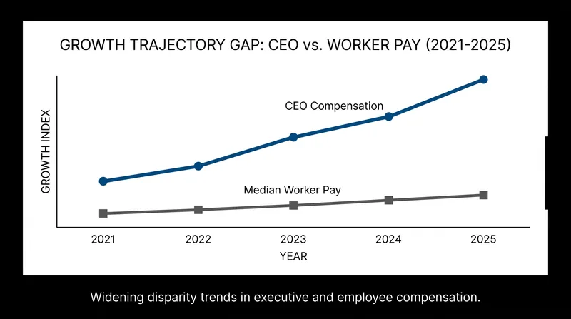 While worker pay grew steadily, executive compensation accelerated rapidly due to stock market gains.