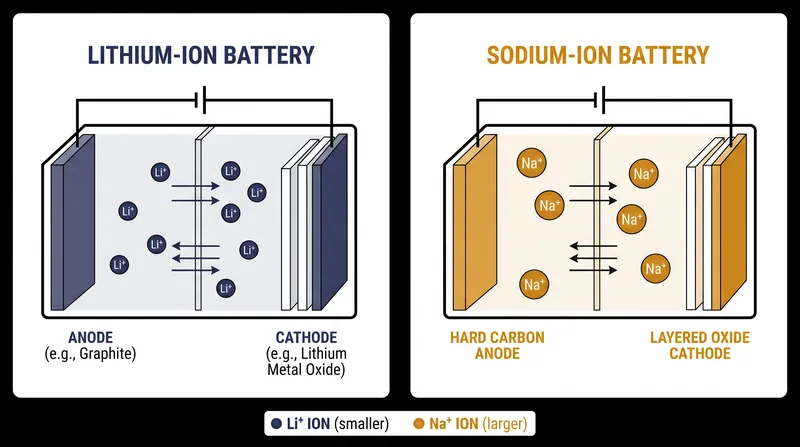 Sodium ions function similarly to lithium ions but are physically larger, requiring different anode materials like hard carbon.