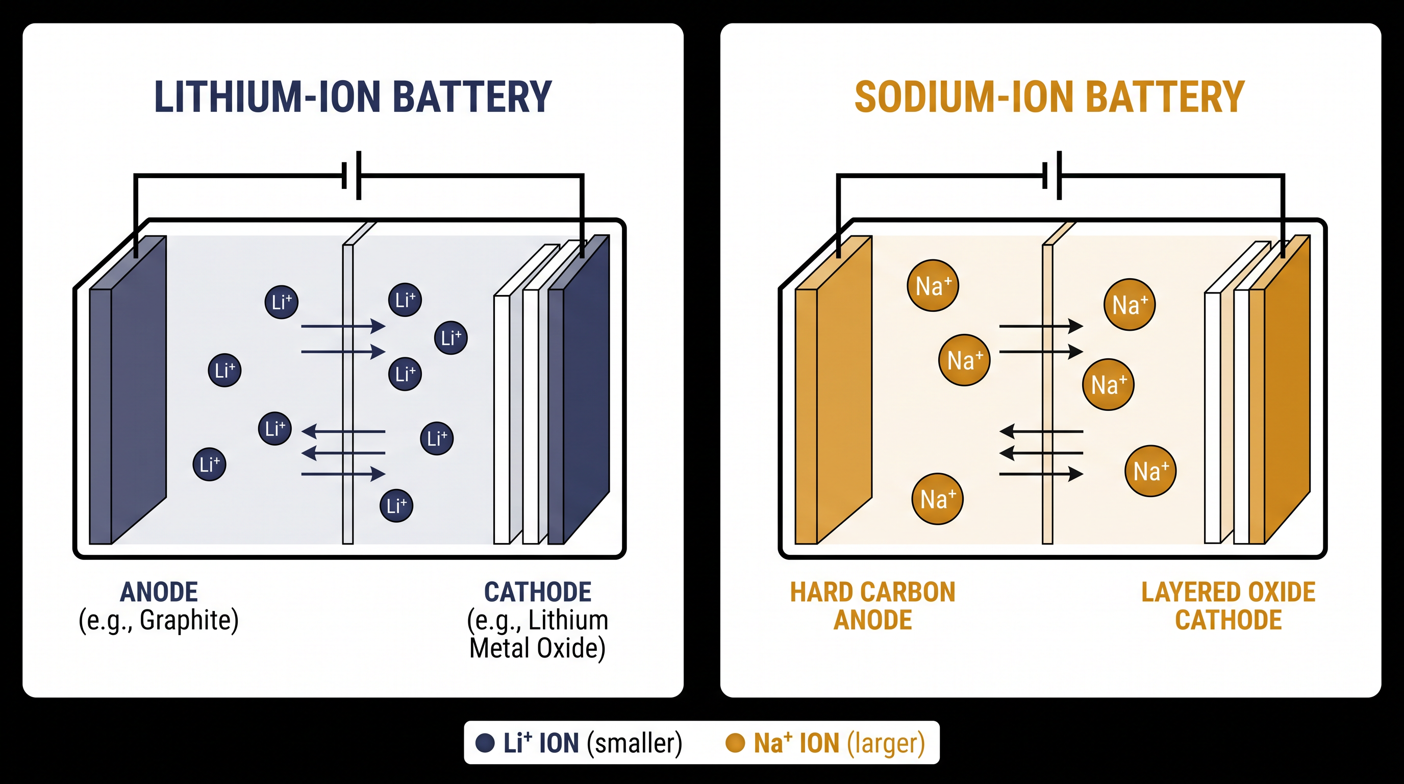 Sodium ions function similarly to lithium ions but are physically larger, requiring different anode materials like hard carbon.