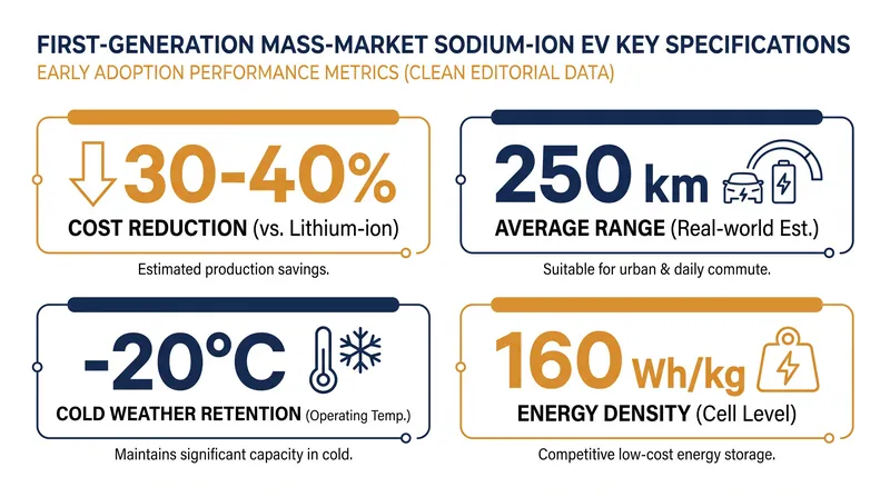 Key performance metrics of the first wave of commercial sodium-ion electric vehicles.