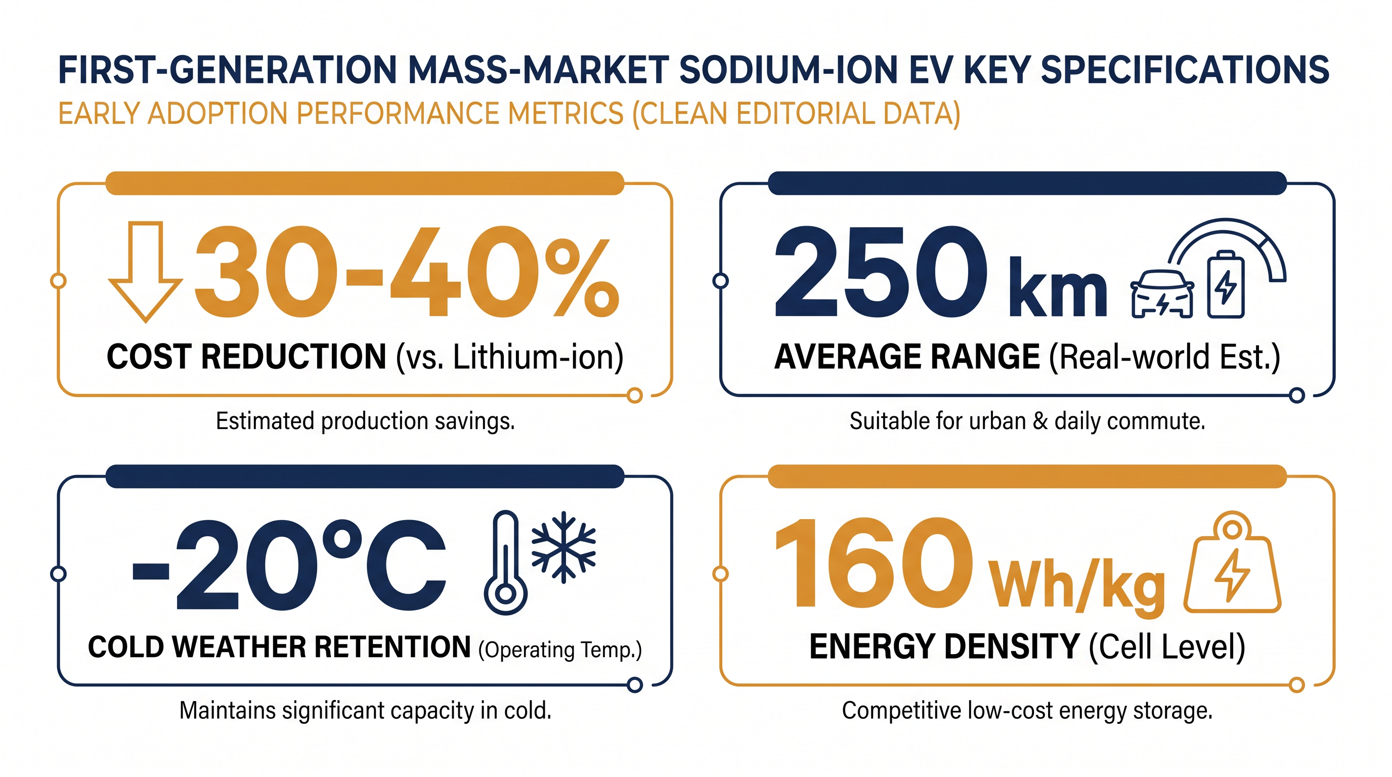 Key performance metrics of the first wave of commercial sodium-ion electric vehicles.