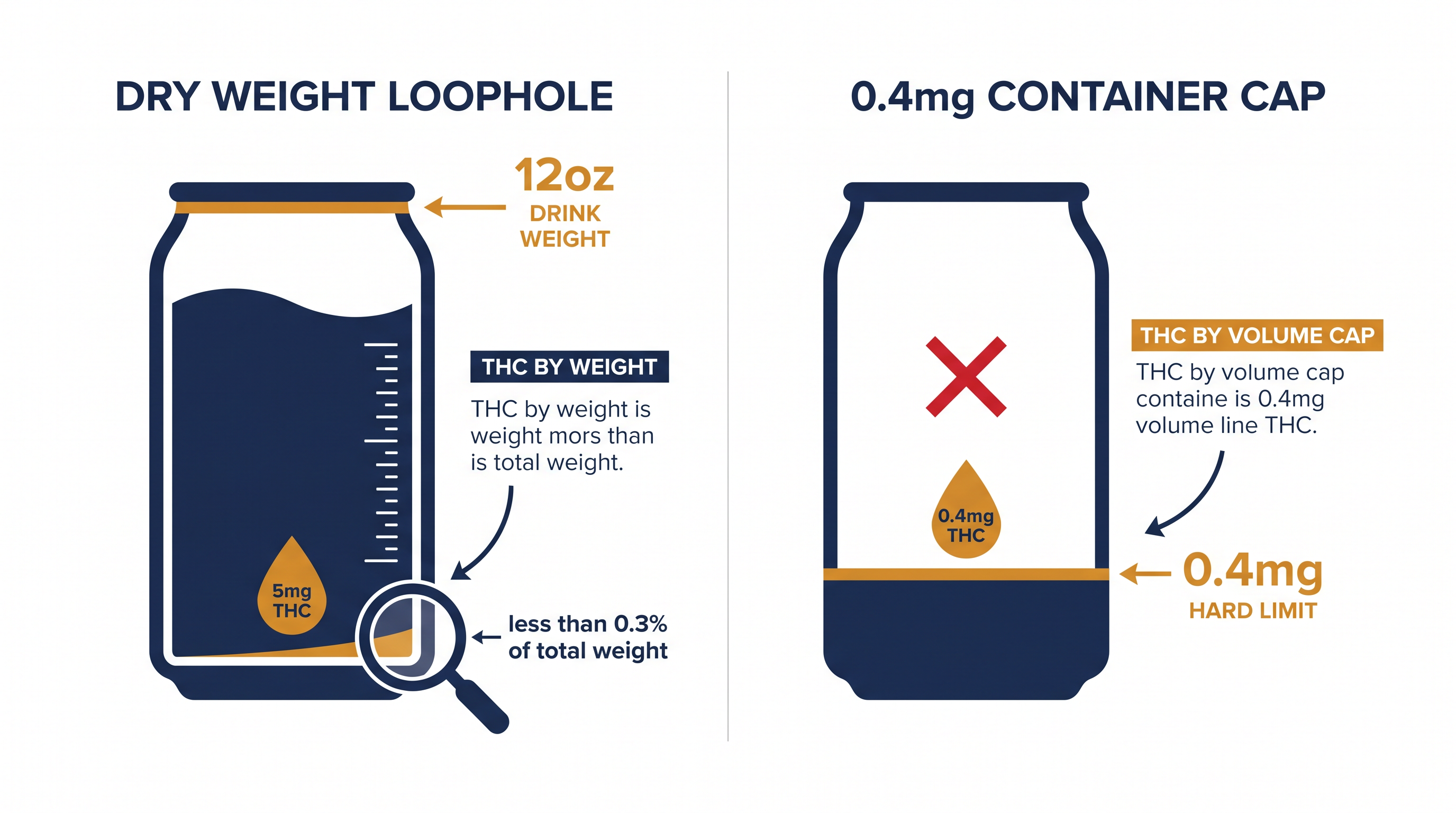 How the 2018 Farm Bill's dry-weight measurement allowed liquid products to contain meaningful doses of THC, and how the new 0.4mg cap closes that pathway.