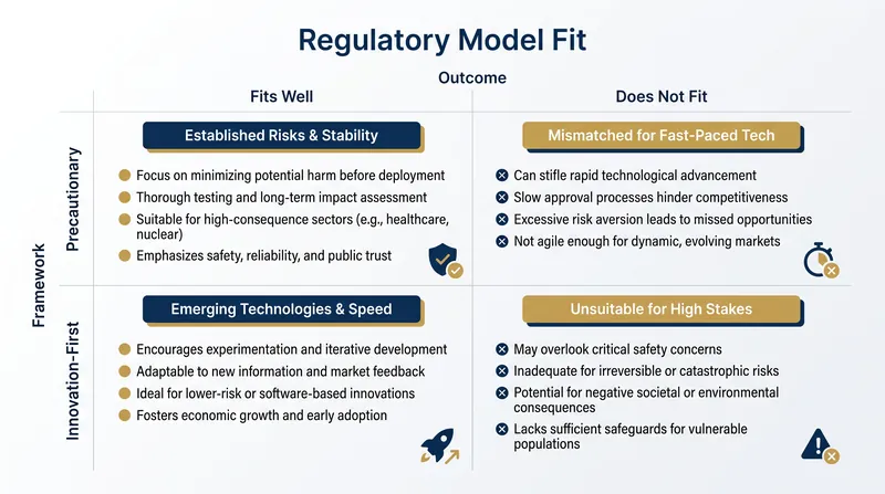 Each regulatory philosophy offers distinct advantages and drawbacks depending on a market's strategic goals.