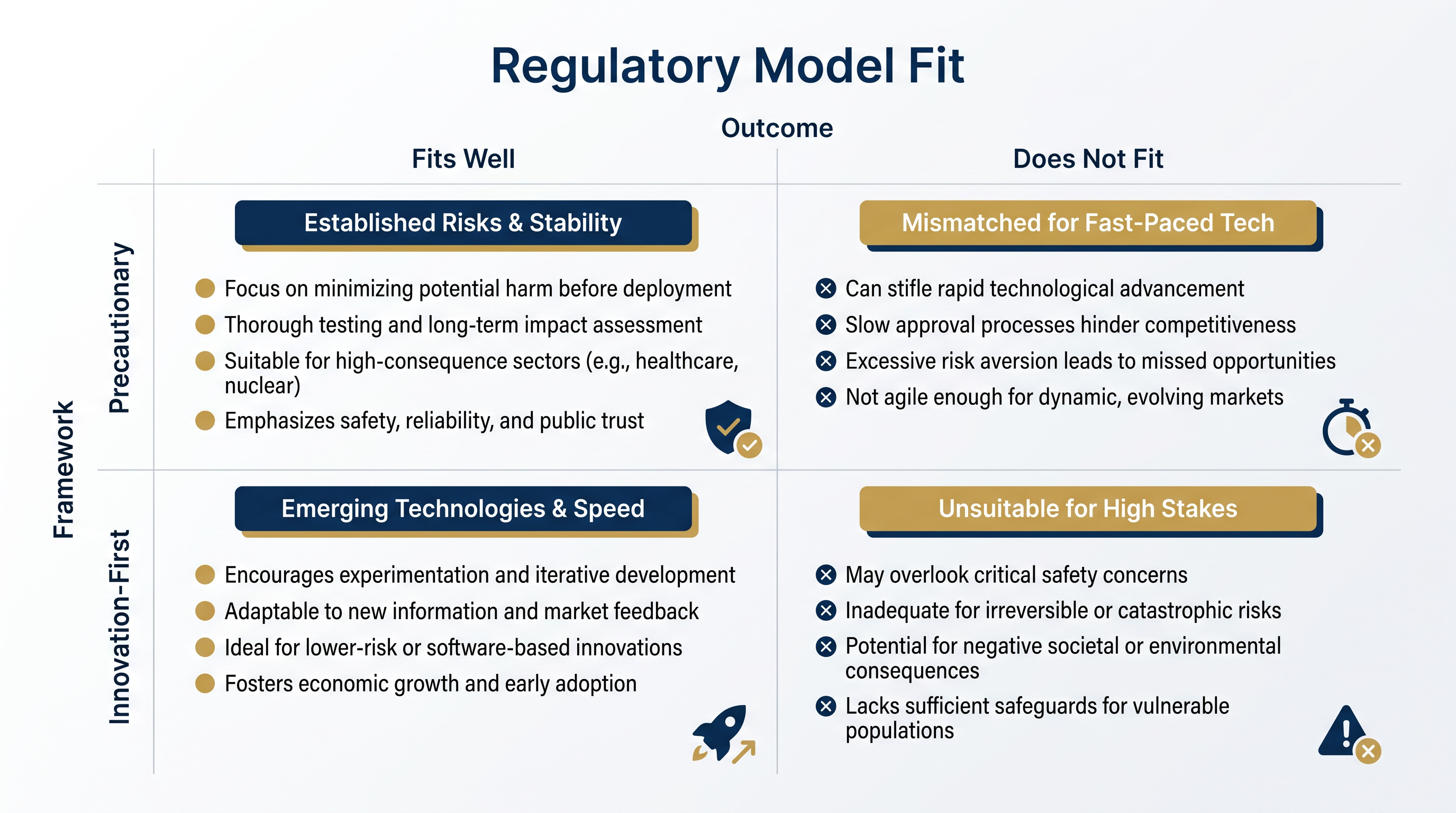 Each regulatory philosophy offers distinct advantages and drawbacks depending on a market's strategic goals.