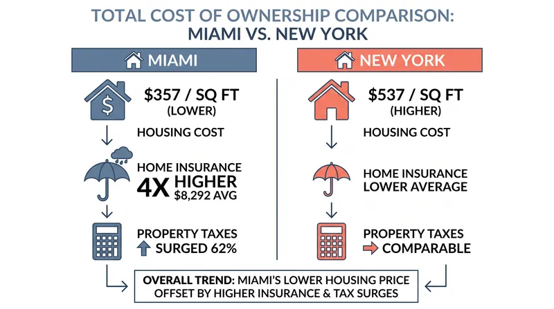 While the sticker price of a Miami home remains lower, hidden carrying costs like insurance and taxes have erased the affordability gap.