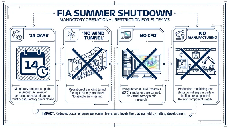 The mandatory summer shutdown forces a complete halt to all car development and manufacturing.