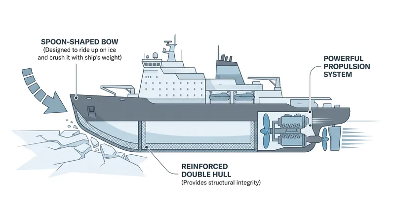Modern icebreakers do not just push through ice; their specialized bows are designed to ride up onto the ice and crush it using the vessel's immense weight.