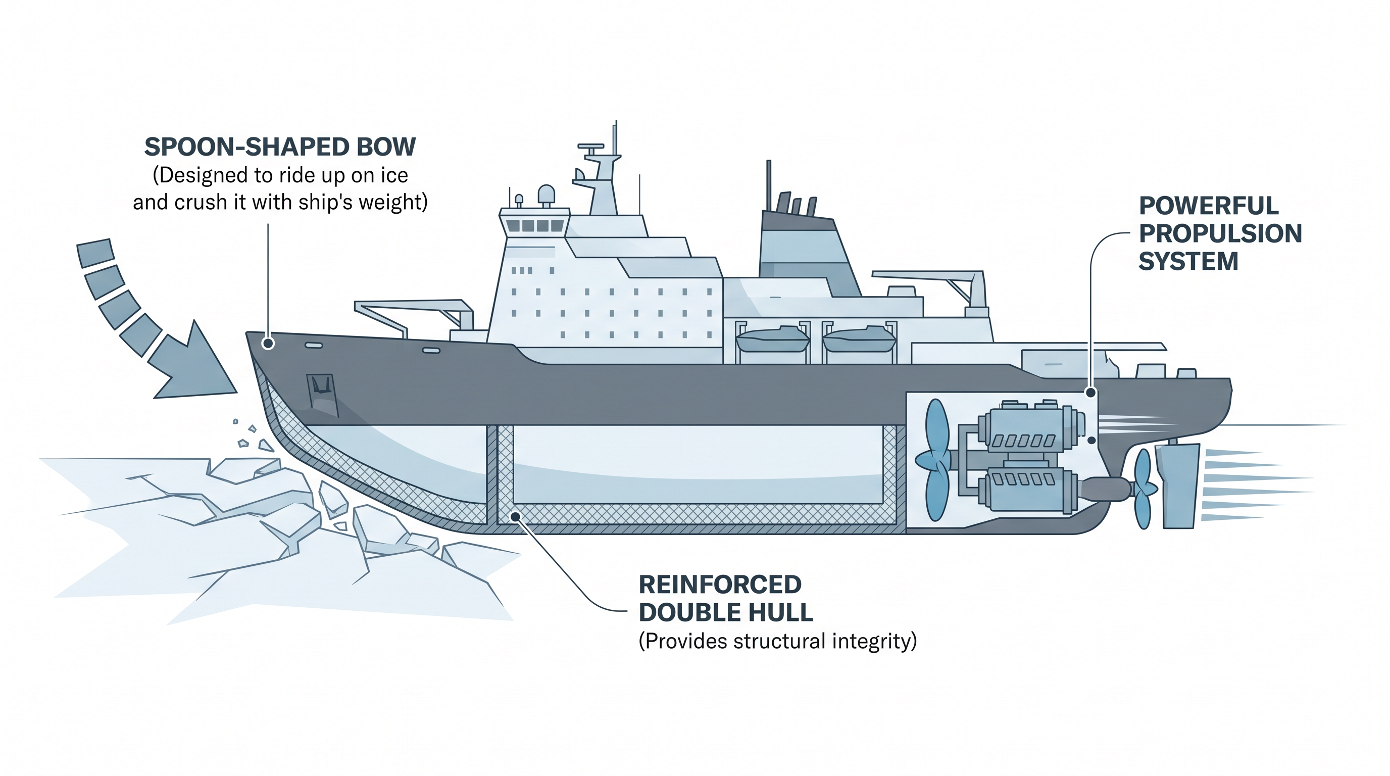 Modern icebreakers do not just push through ice; their specialized bows are designed to ride up onto the ice and crush it using the vessel's immense weight.