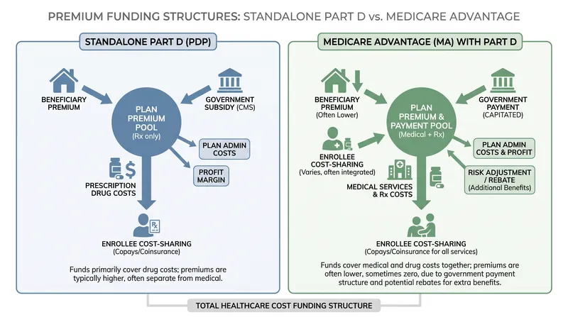 Medicare Advantage plans can use broader federal funding to subsidize drug coverage, a flexibility standalone Part D plans lack.