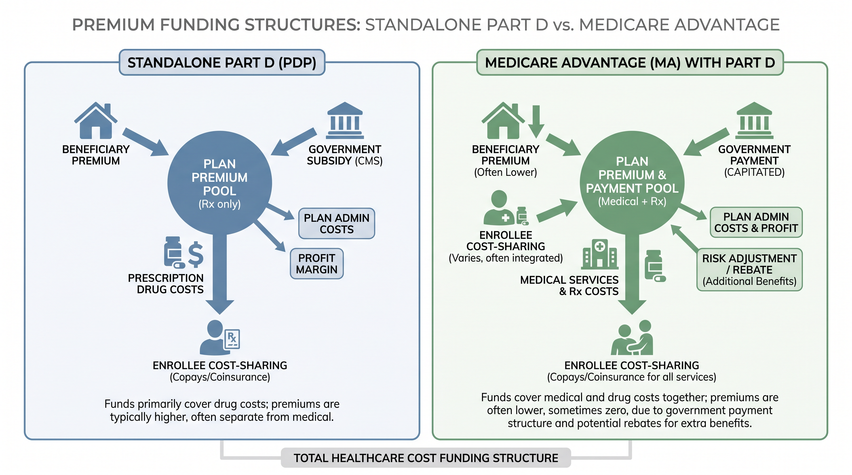Medicare Advantage plans can use broader federal funding to subsidize drug coverage, a flexibility standalone Part D plans lack.