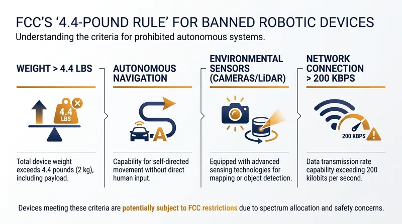 The specific technical criteria that trigger the FCC's import and sales ban on foreign-made robots.