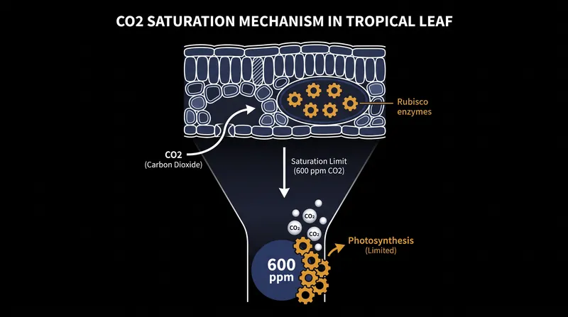 At 600 ppm, the Rubisco enzymes responsible for carbon fixation reach their absolute maximum processing capacity.