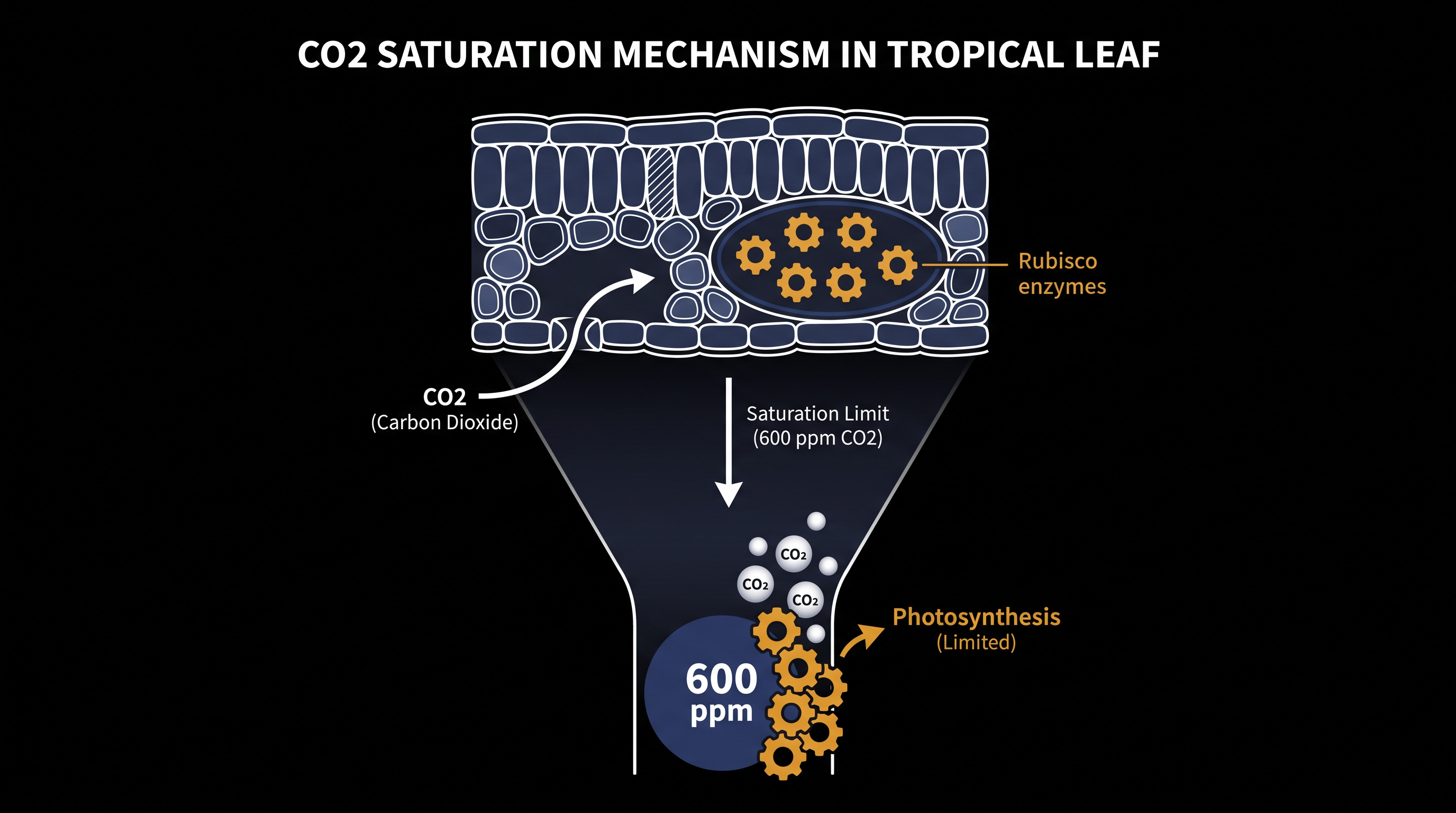 At 600 ppm, the Rubisco enzymes responsible for carbon fixation reach their absolute maximum processing capacity.