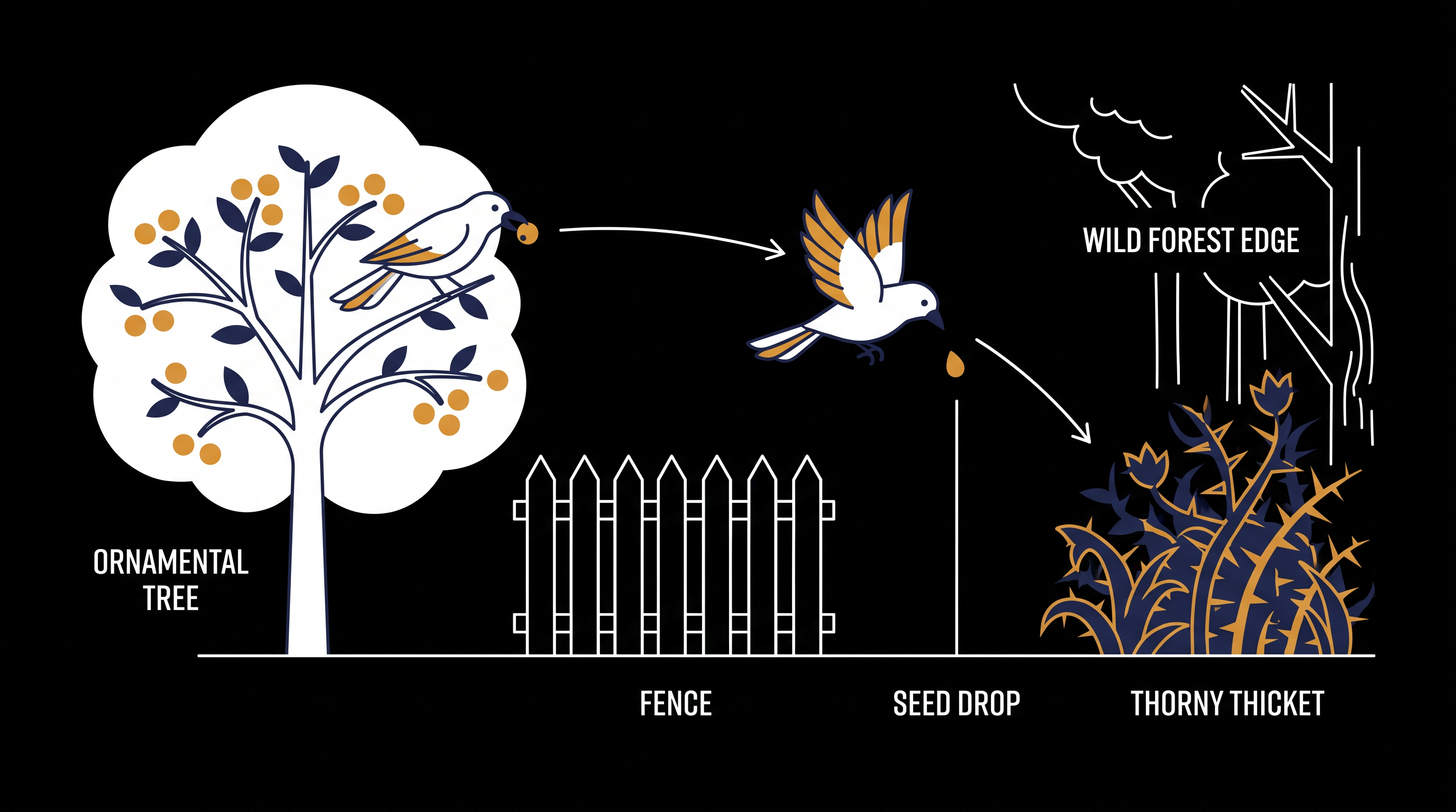 How invasive ornamentals escape cultivation: Birds consume the seeds and spread them into wild forests.