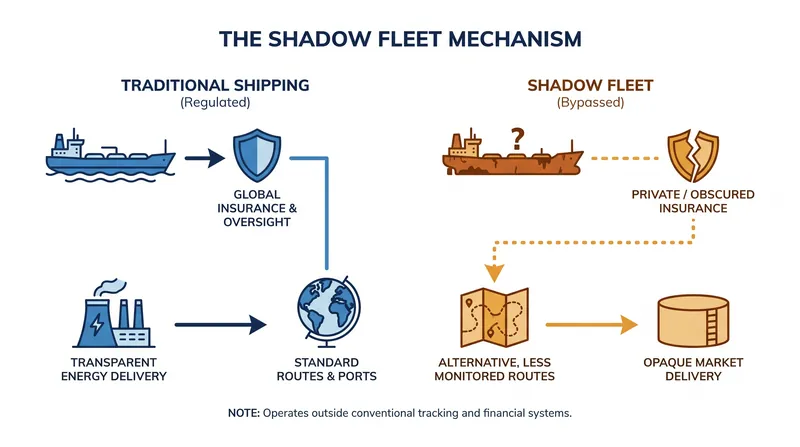 How the decentralized 'shadow fleet' evades traditional maritime tracking and insurance.