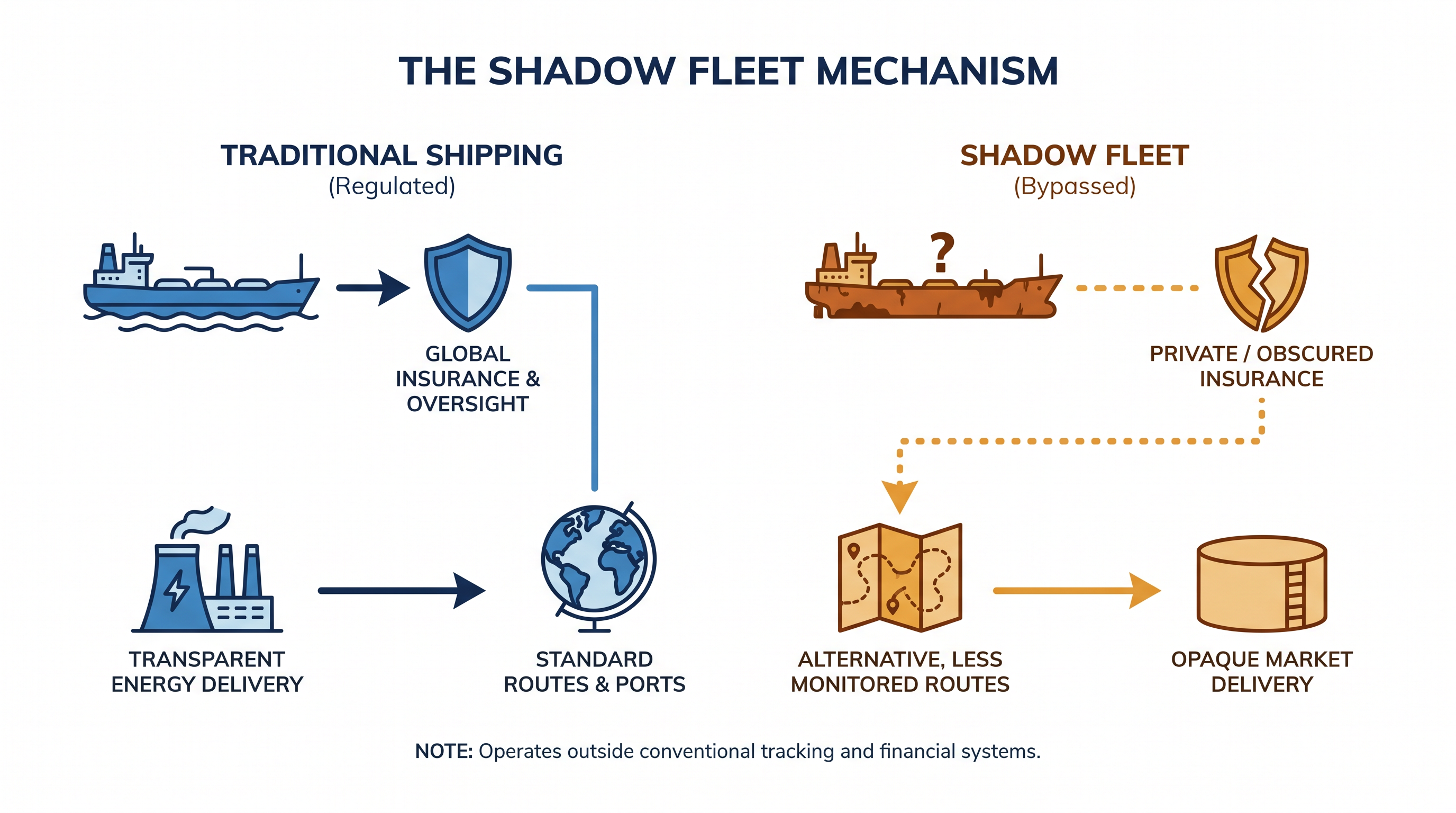 How the decentralized 'shadow fleet' evades traditional maritime tracking and insurance.