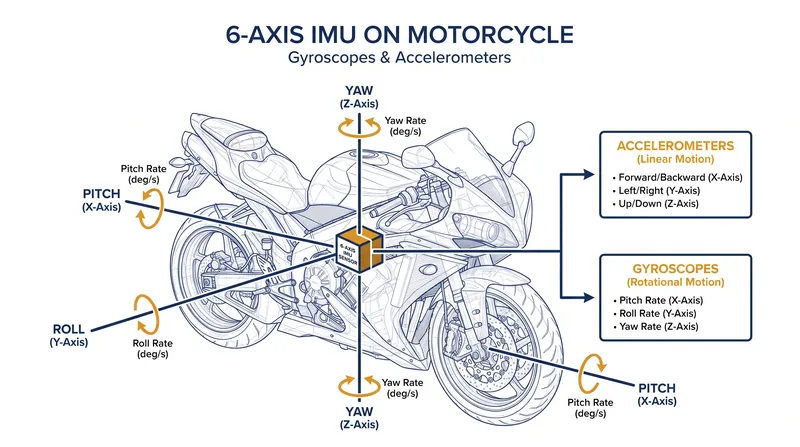 A 6-axis IMU measures pitch, roll, and yaw to determine the motorcycle's exact attitude in space.