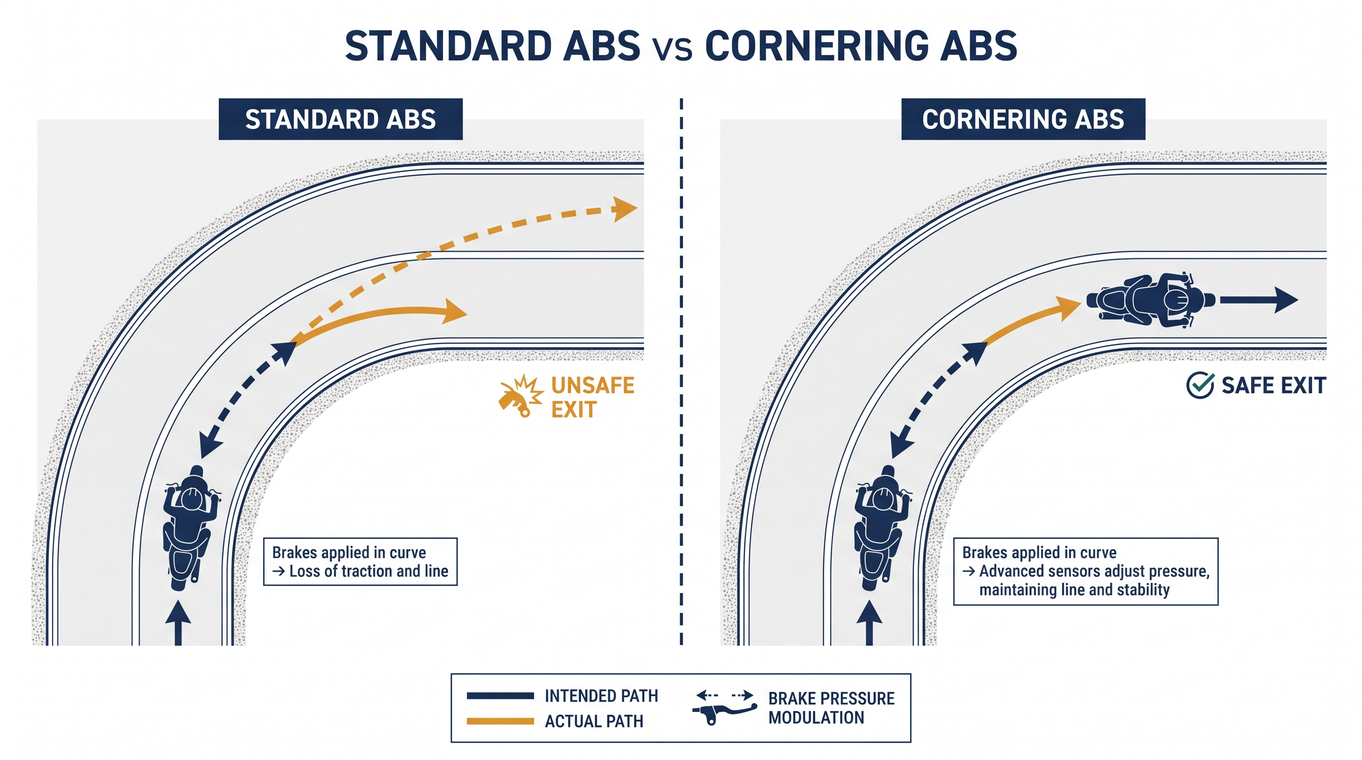 Unlike standard ABS, Cornering ABS modulates brake pressure based on lean angle, preventing the bike from standing up mid-corner.