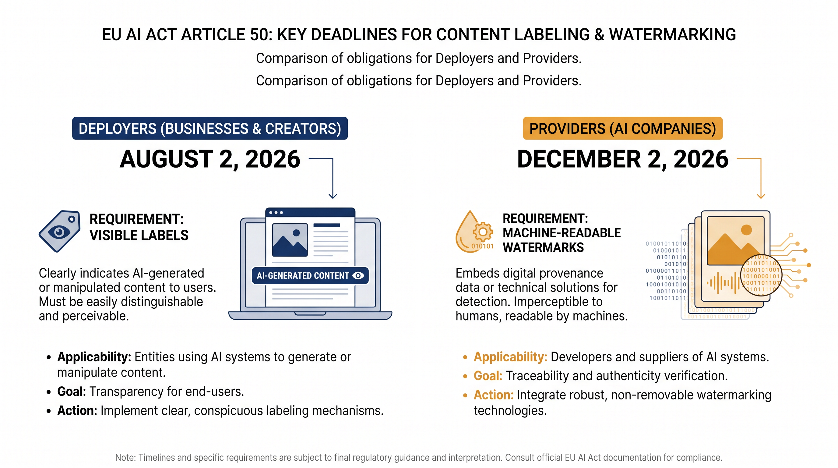 While AI providers have until December to implement technical watermarks, deployers must label content immediately.