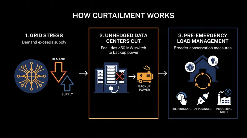 Under the proposal, unhedged data centers would be curtailed before residential conservation measures are deployed.