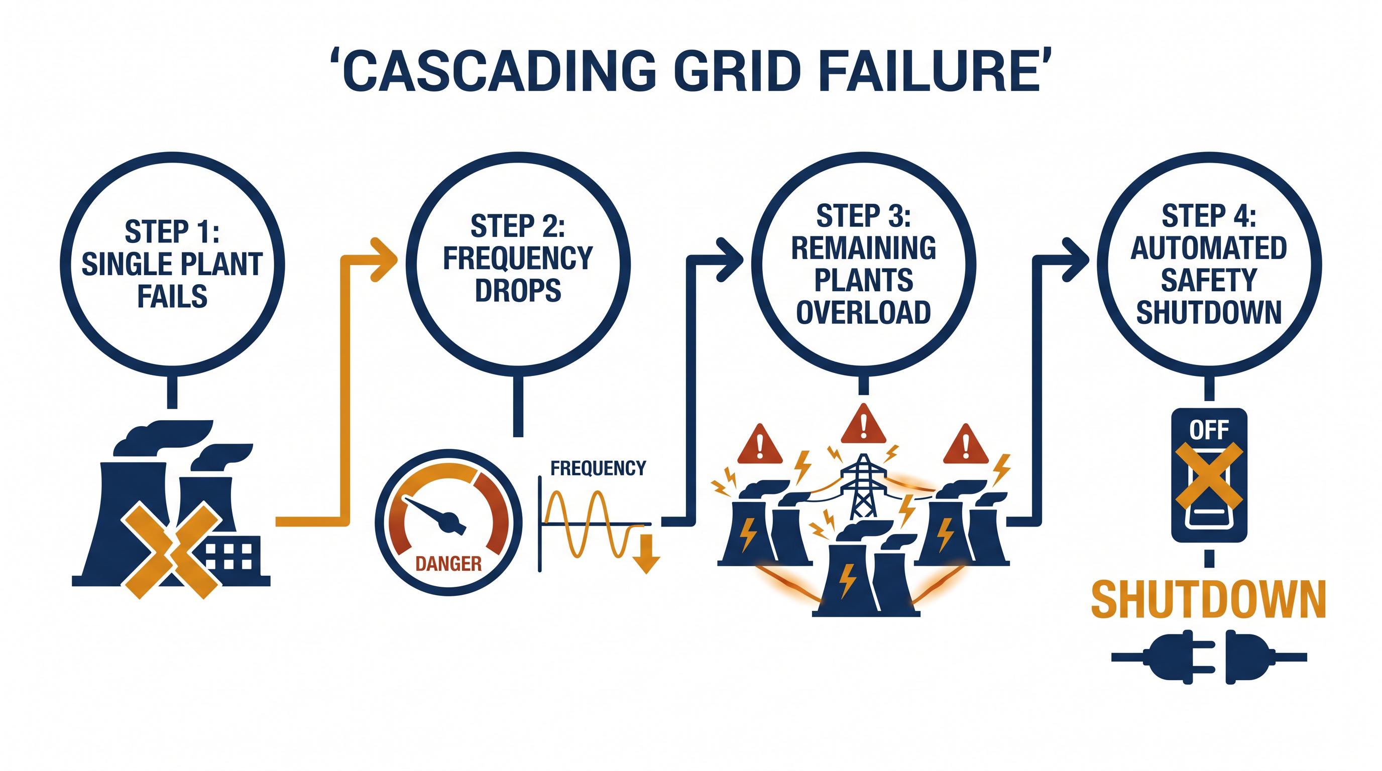 How the failure of a single generating unit can trigger a domino effect that collapses an entire national grid.