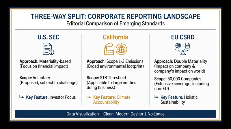 How the three major regulatory frameworks diverge on corporate sustainability reporting.
