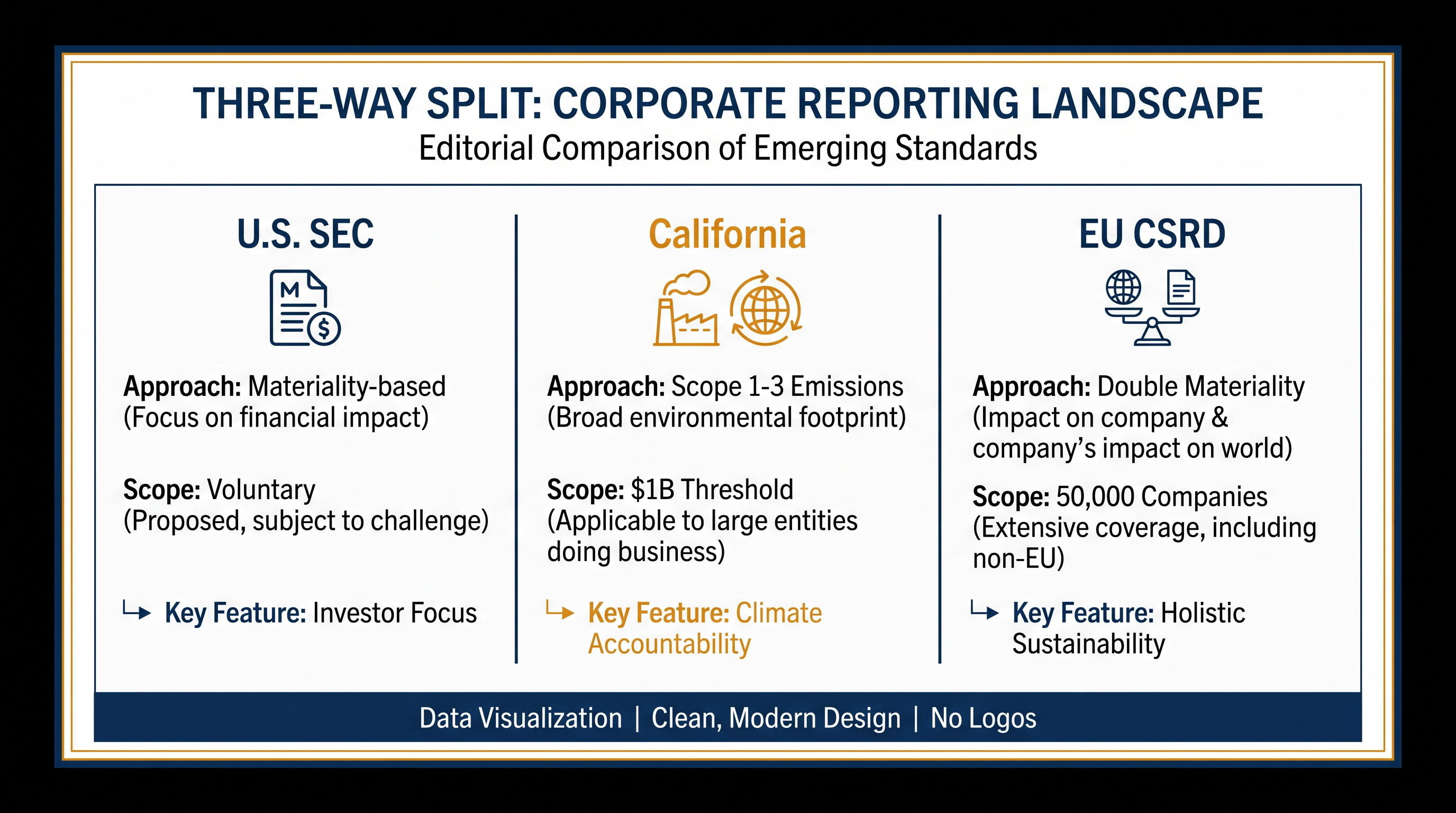 How the three major regulatory frameworks diverge on corporate sustainability reporting.