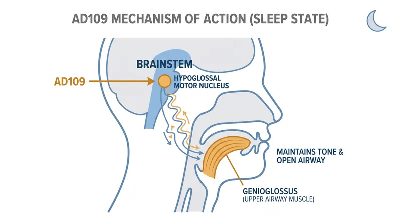 AD109 works by stimulating the hypoglossal motor nucleus, which maintains muscle tone in the upper airway during sleep.