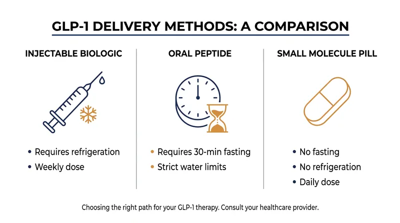 How the new small-molecule pill compares to previous GLP-1 delivery requirements.