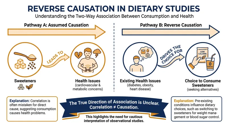 One major limitation of observational nutrition research is reverse causation—where underlying health conditions drive dietary choices, rather than the other way around.