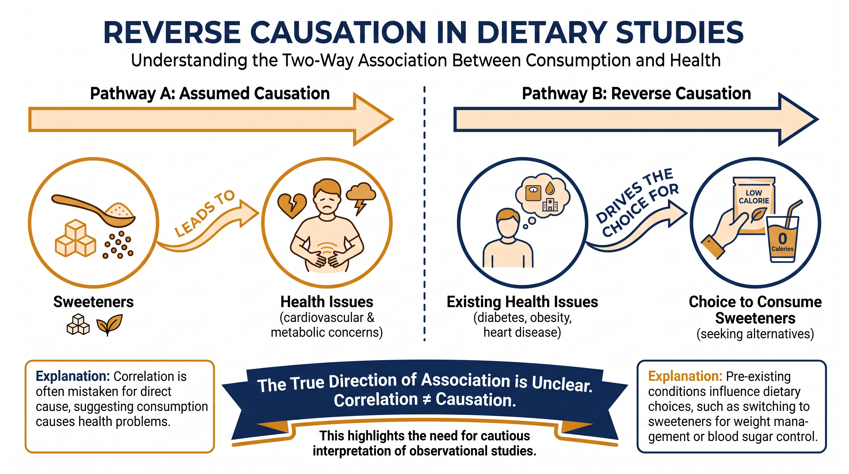 One major limitation of observational nutrition research is reverse causation—where underlying health conditions drive dietary choices, rather than the other way around.