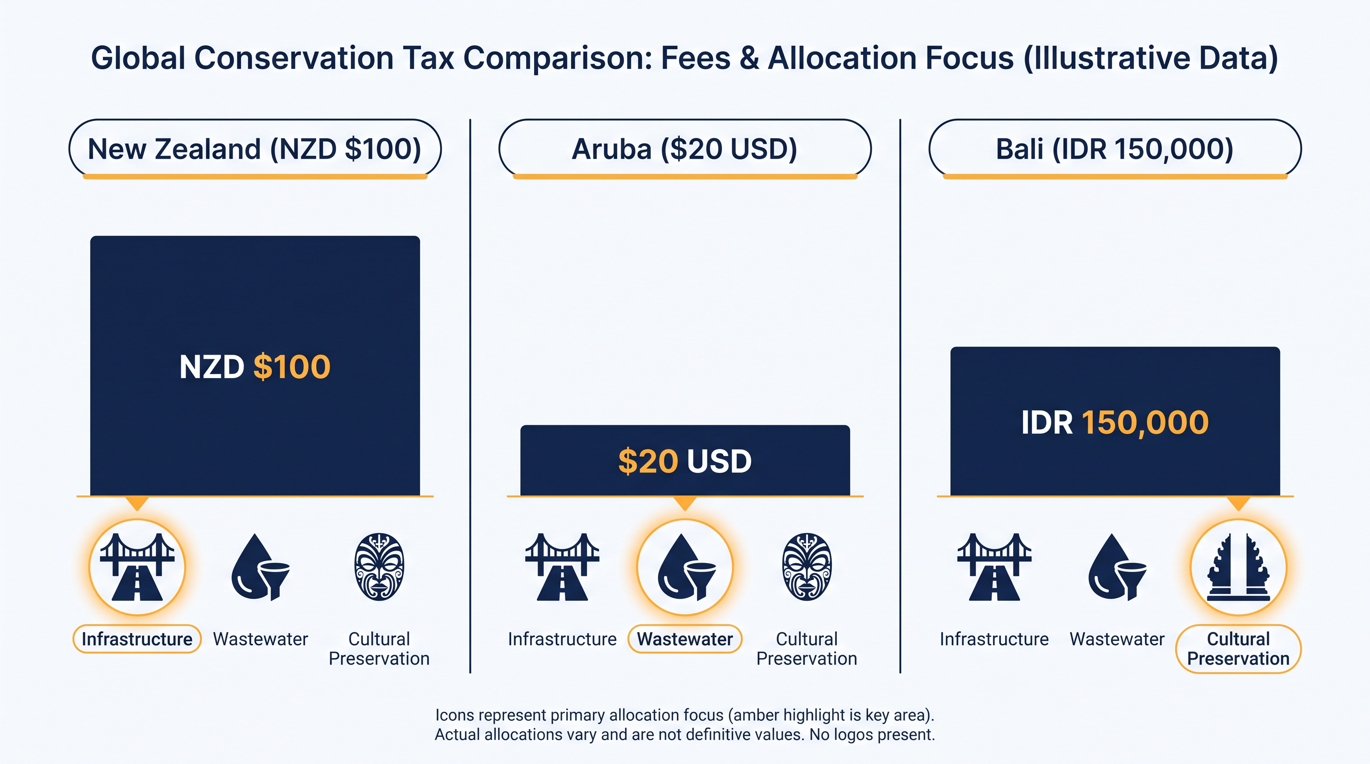 A comparison of baseline conservation levies across three major tourist destinations.