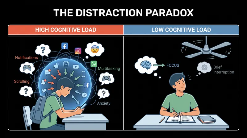 The distraction paradox: students without phones noticed minor environmental disruptions more, yet maintained far better overall focus.