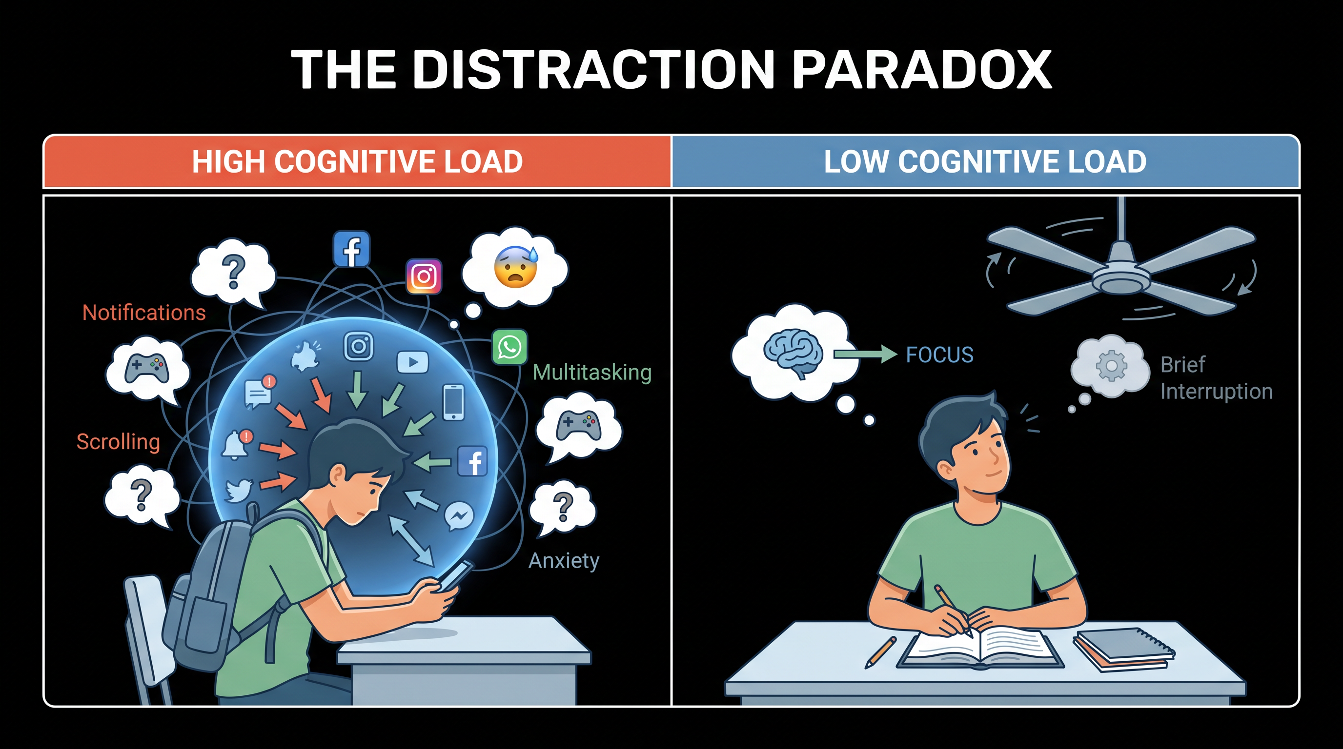 The distraction paradox: students without phones noticed minor environmental disruptions more, yet maintained far better overall focus.