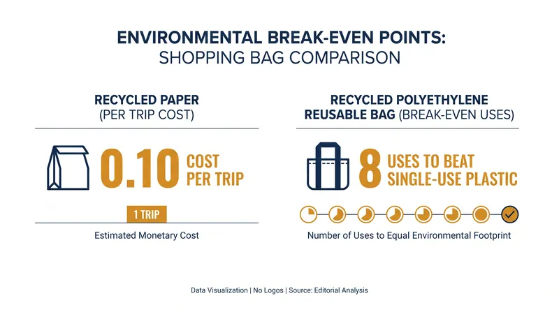 A reusable bag must be used multiple times to offset its higher manufacturing footprint compared to single-use options.