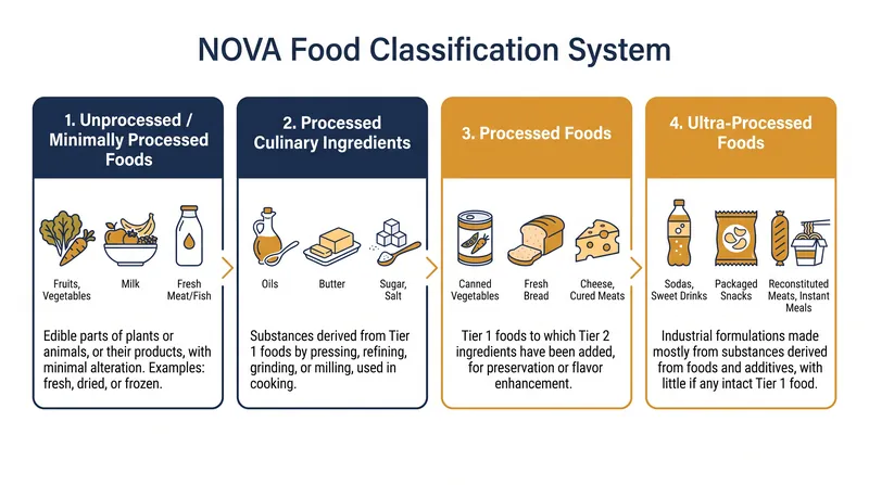 The NOVA classification system is currently the most widely used academic framework for categorizing food processing.