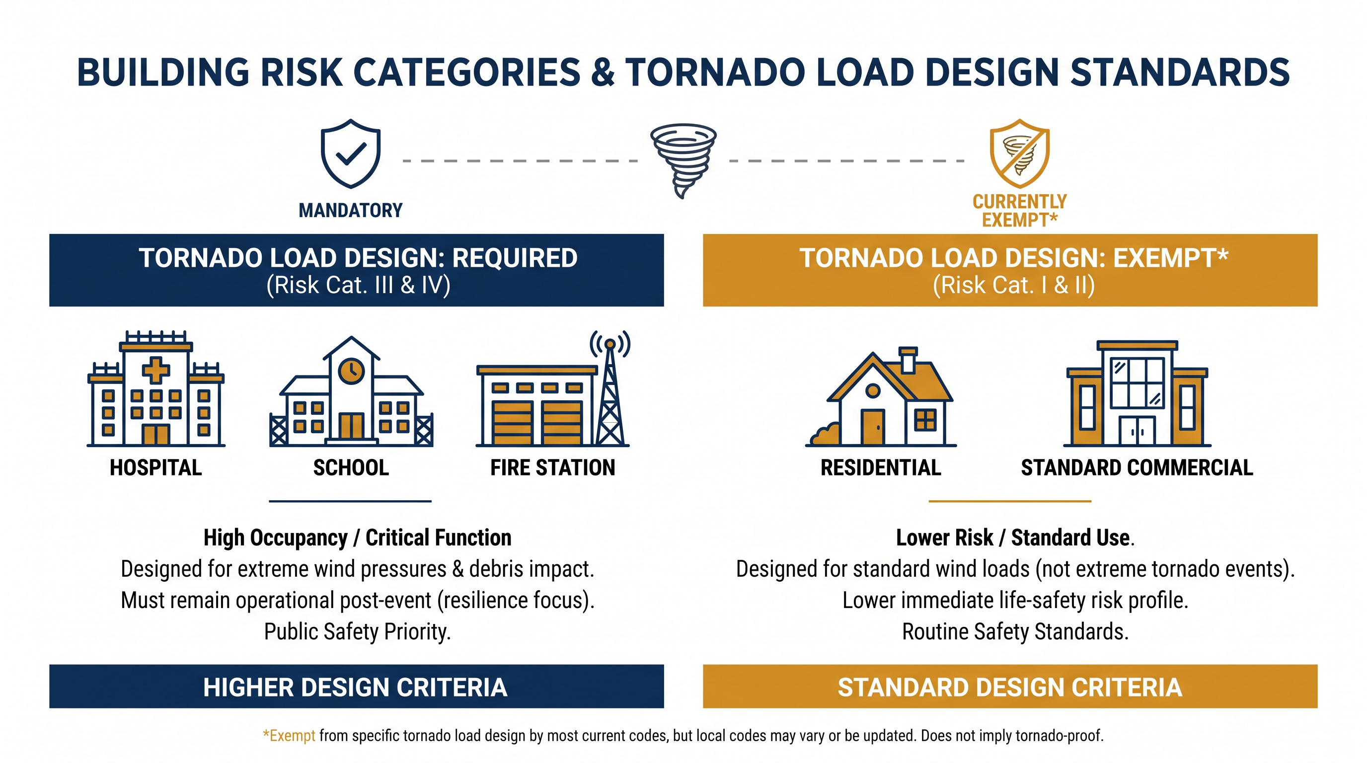 The mandate specifically targets essential facilities and high-occupancy structures.