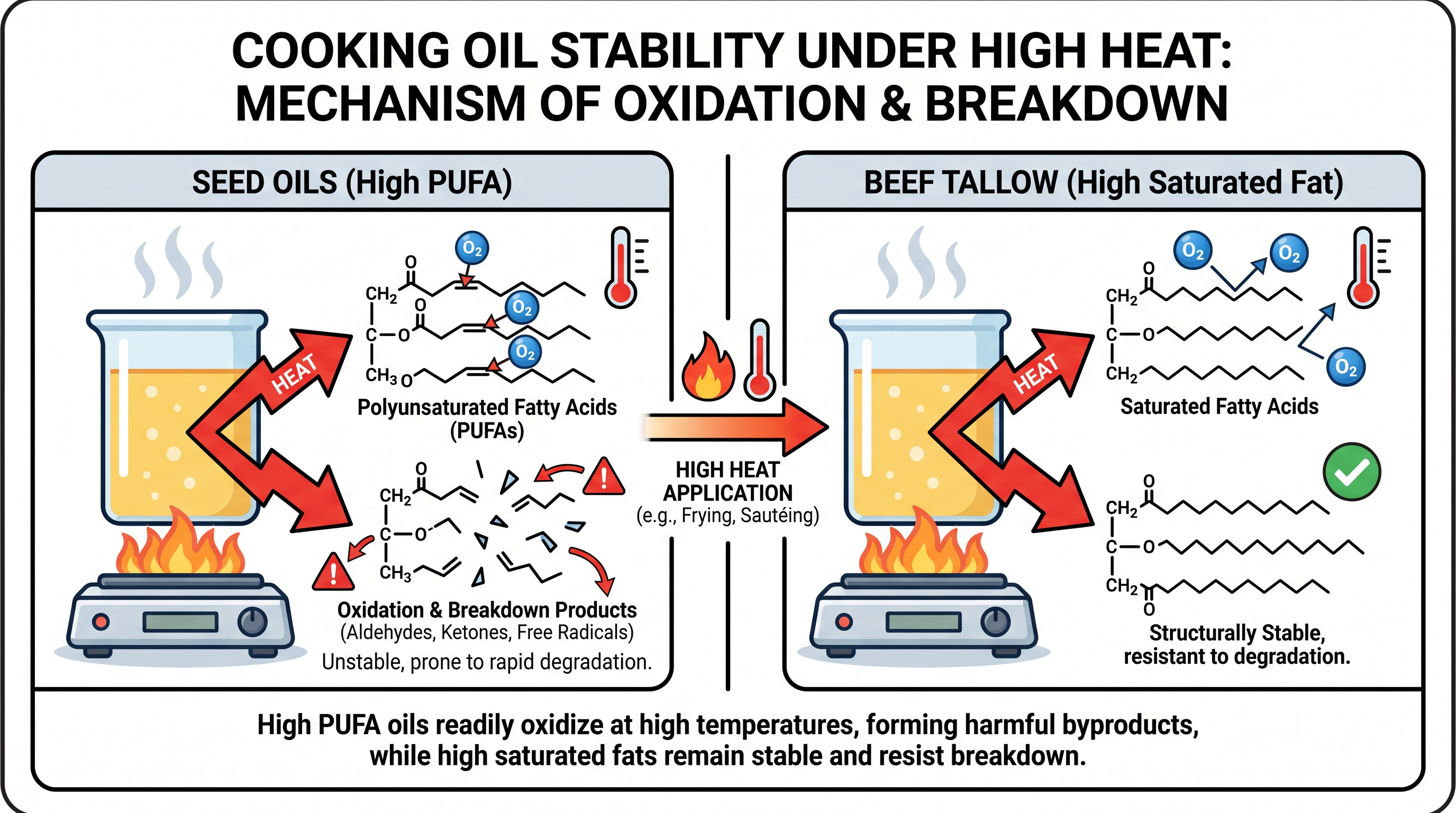 Ancestral health advocates argue that the polyunsaturated fats in seed oils oxidize under high heat, creating inflammatory byproducts.