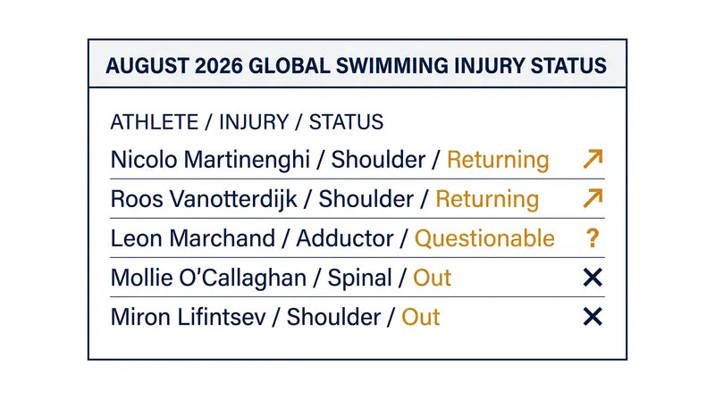 Key injury statuses ahead of the European and Pan Pacific Championships.
