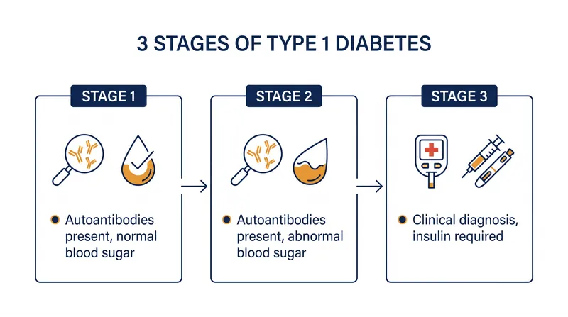 Type 1 diabetes progresses through three distinct stages before clinical symptoms appear.