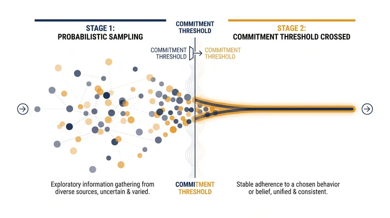 The two-stage process of social learning: exploration followed by sudden commitment.
