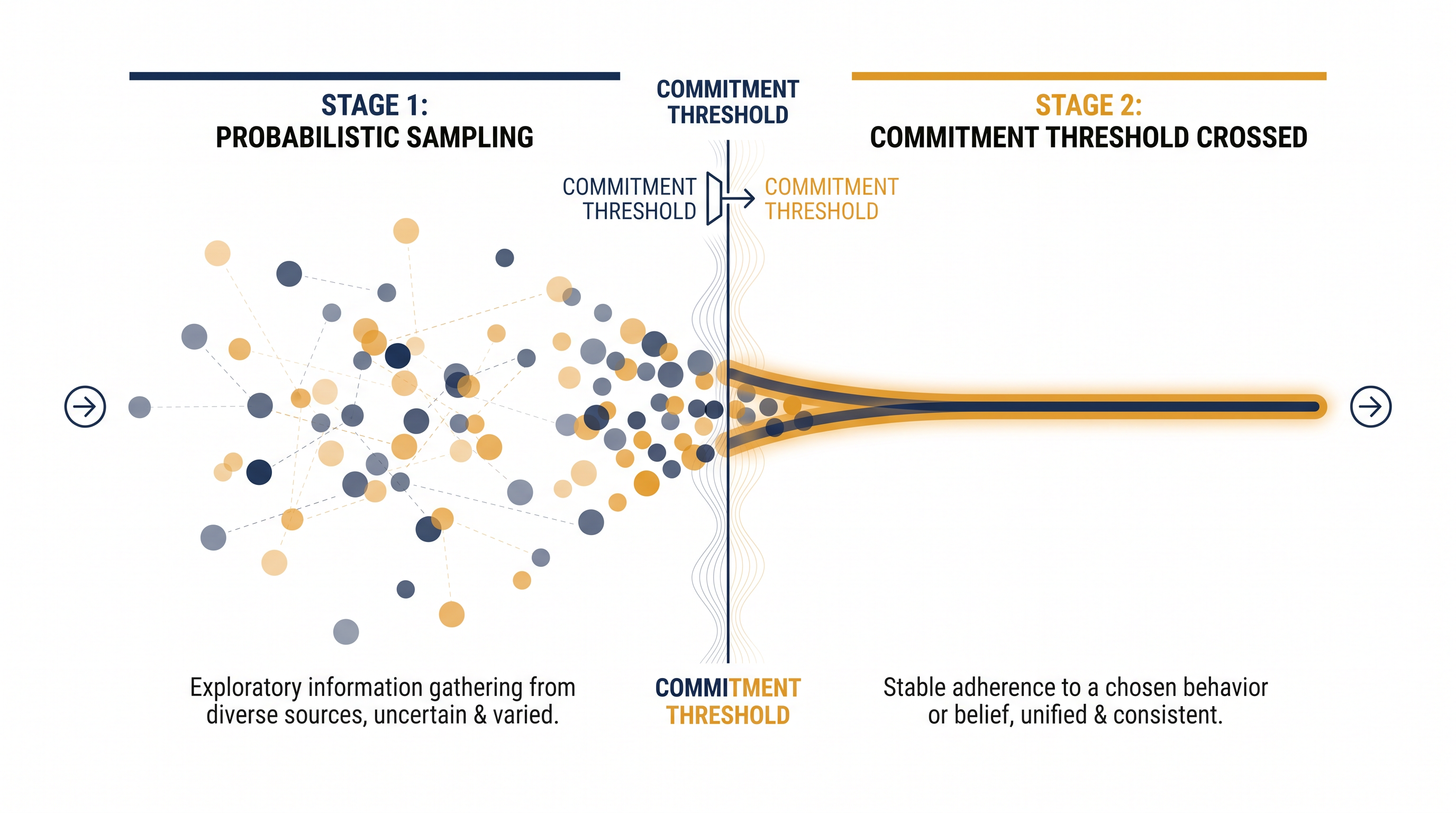 The two-stage process of social learning: exploration followed by sudden commitment.
