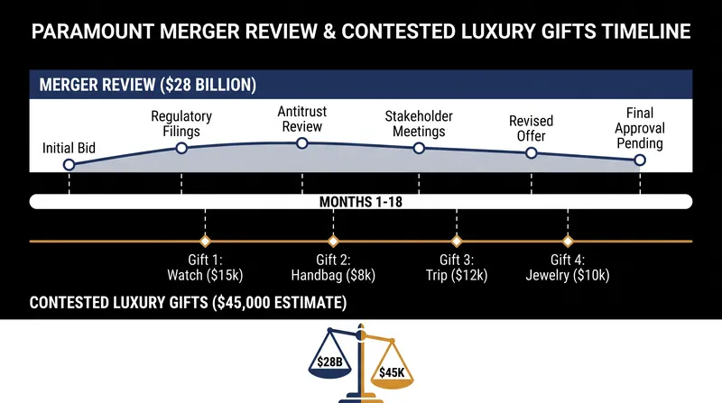 A timeline of the alleged luxury gifts overlapping with the FCC's ongoing review of the Paramount merger.