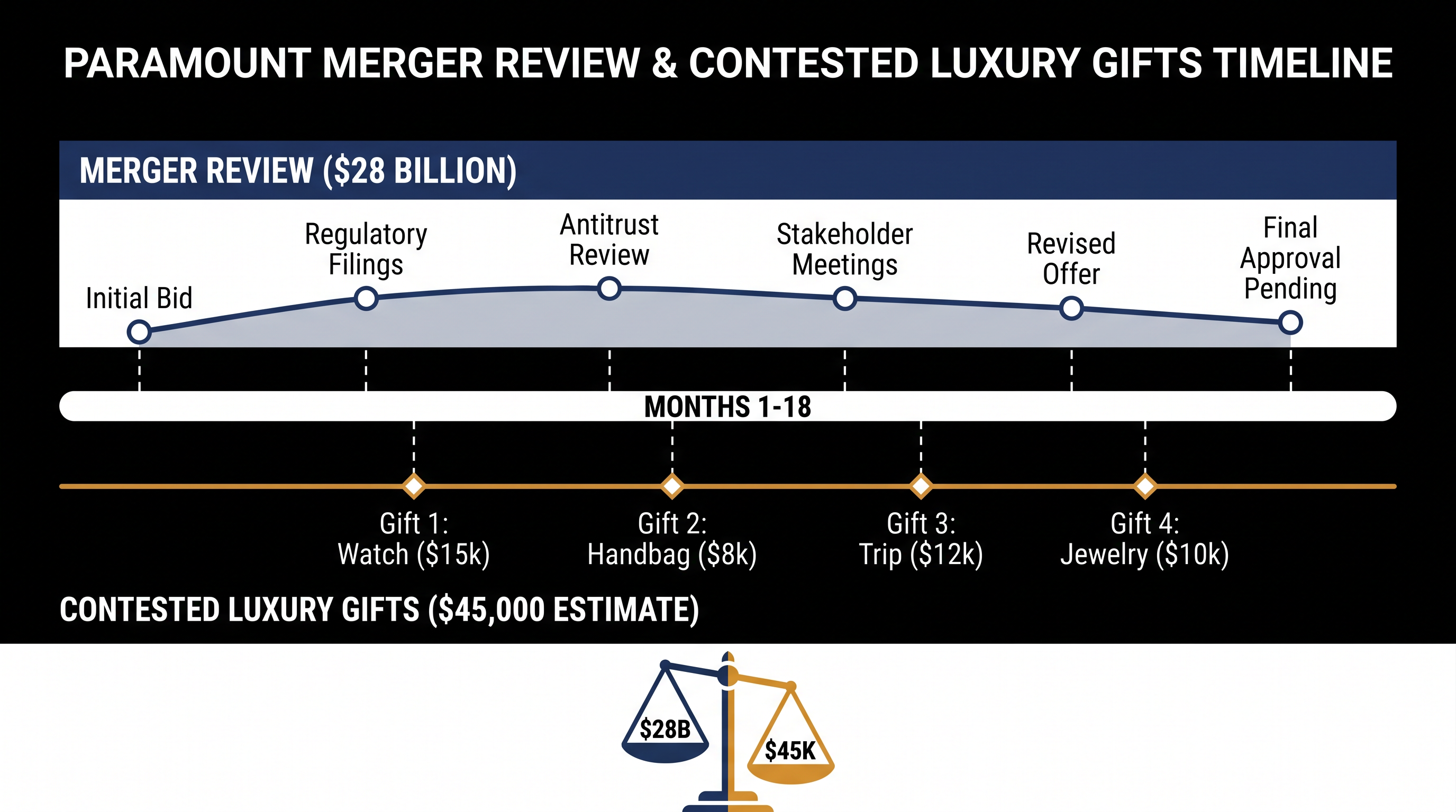 A timeline of the alleged luxury gifts overlapping with the FCC's ongoing review of the Paramount merger.