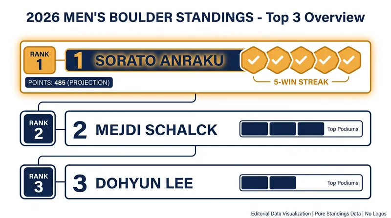 The 2026 Men's Boulder standings reflect Anraku's unprecedented winning streak.