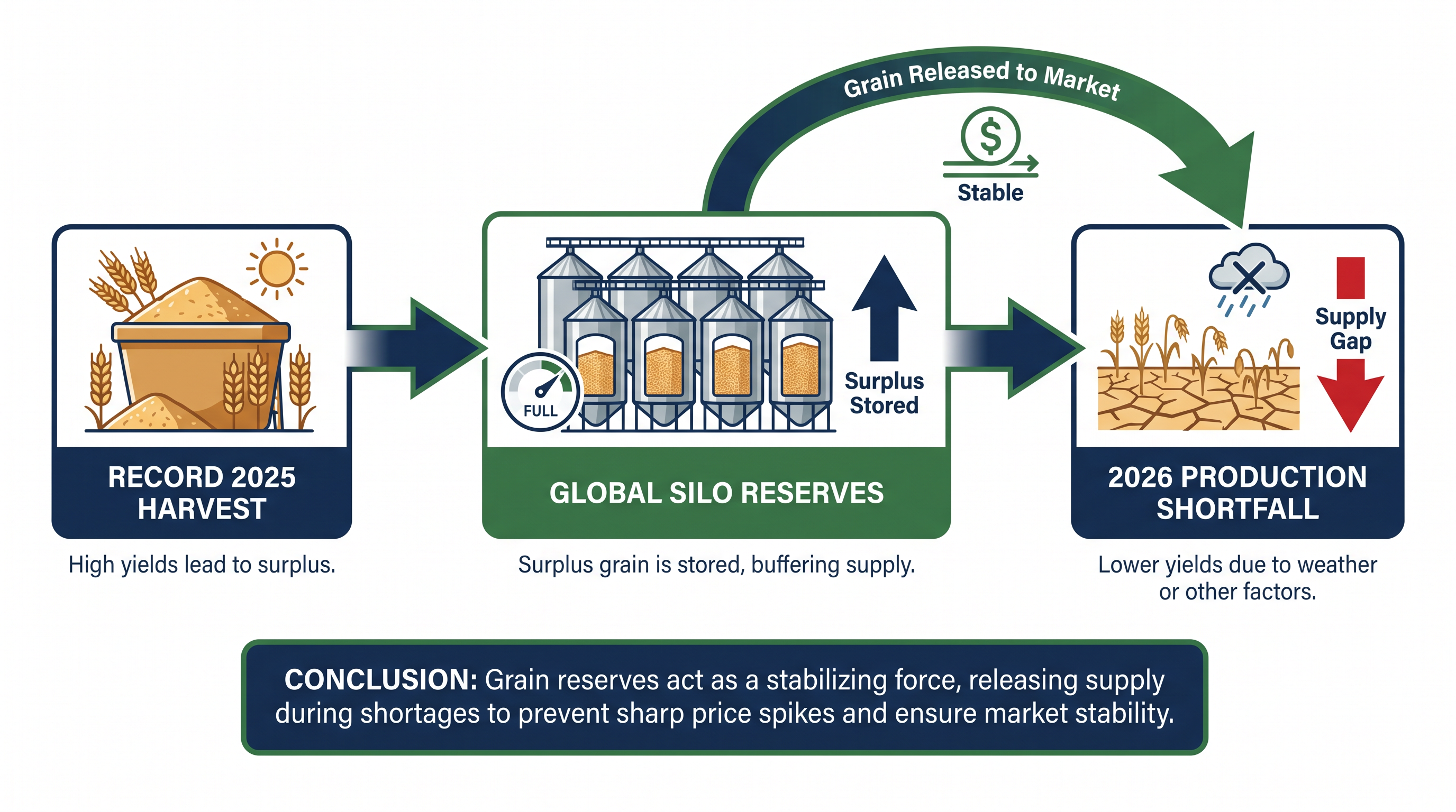 How carryover stocks from the previous year prevent immediate food shortages.