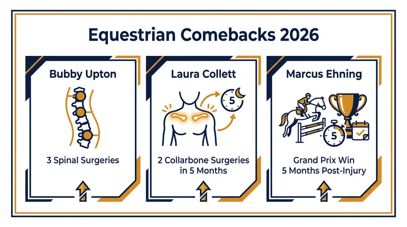 The timeline of major equestrian recoveries in 2026 highlights the rapid pace of modern sports rehabilitation.