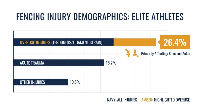 Overuse injuries, particularly to the knee and ankle, are the most common cause of long-term absences in elite fencing.